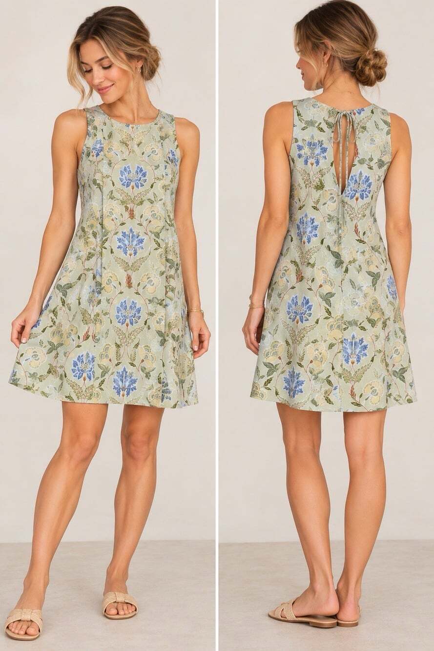 LOFT Size 6 Green Blue Floral Linen Blend Sleeveless A-Line Dress